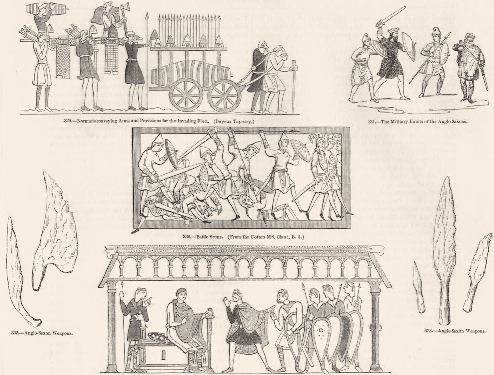 BAYEUX TAPESTRY. Scenes from; Saxon weapons 1845 old antique print picture